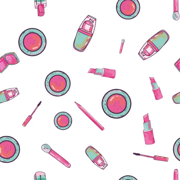 Modèle sans couture coloré avec des articles cosmétiques. Style dessiné à la main. Illustration vectorielle — Image vectorielle