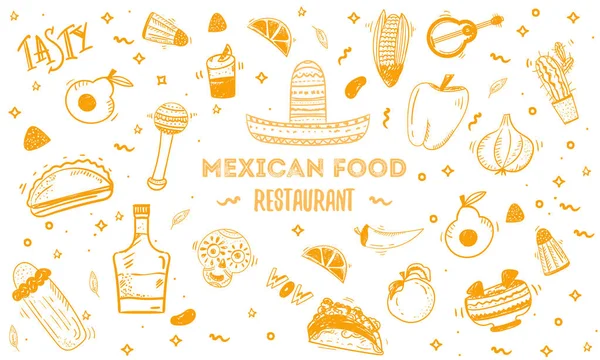 Plantilla de menú de bocetos de comida mexicana. Vector vintageillustration para, cartel sobre fondo blanco. con texto de lugar — Vector de stock