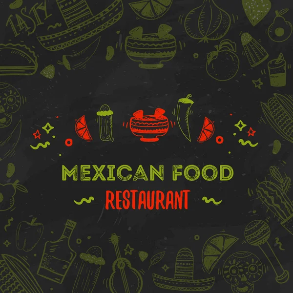 Templat menu makanan Meksiko. Vektor vintageillustration untuk, poster di latar belakang gelap. dengan teks tempat - Stok Vektor
