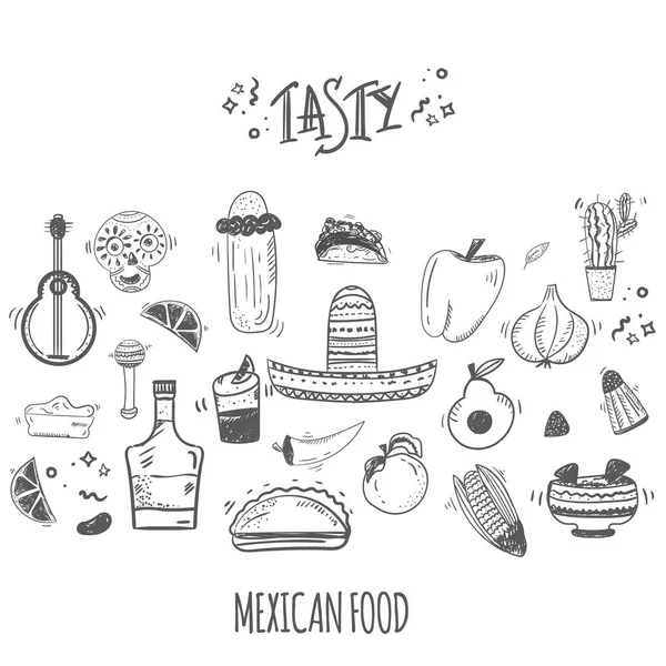 Plantilla de menú de bocetos de comida mexicana. Vector vintageillustration para, cartel sobre fondo blanco. con texto de lugar — Archivo Imágenes Vectoriales