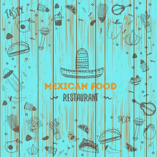 Modèle de menu mexicain. Illustration vectorielle du millésime, poster sur fond bois avec place pour le texte — Image vectorielle