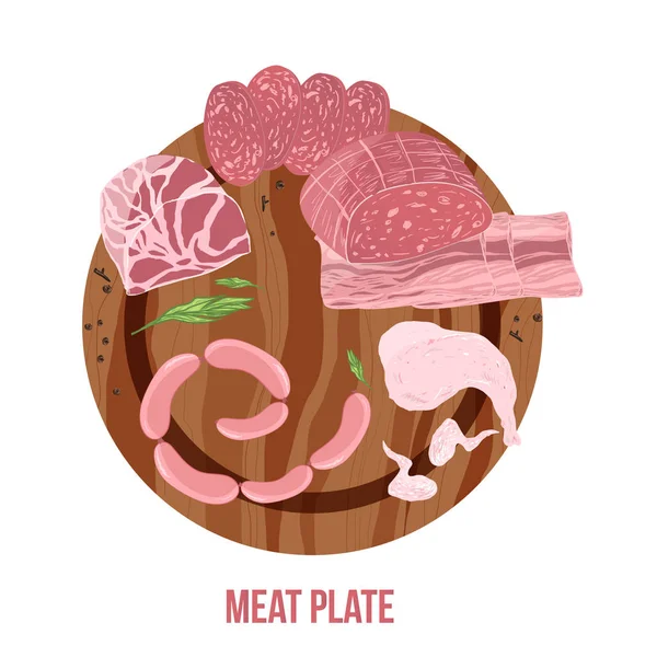 Vlees plate bovenaanzicht met worst, ham, kip been en vleugels op houten achtergrond. — Stockvector