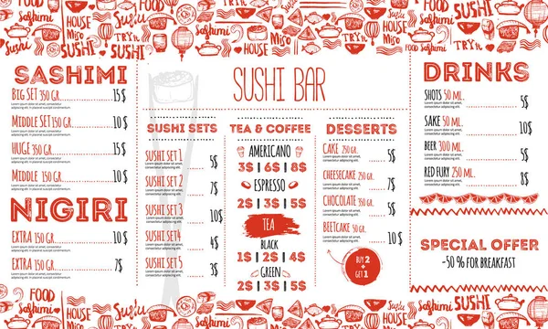 Modèle de mise en page de flyer menu Sushi. Brochure alimentaire japonaise avec gribouillage et lettrage dessinés à la main . — Image vectorielle