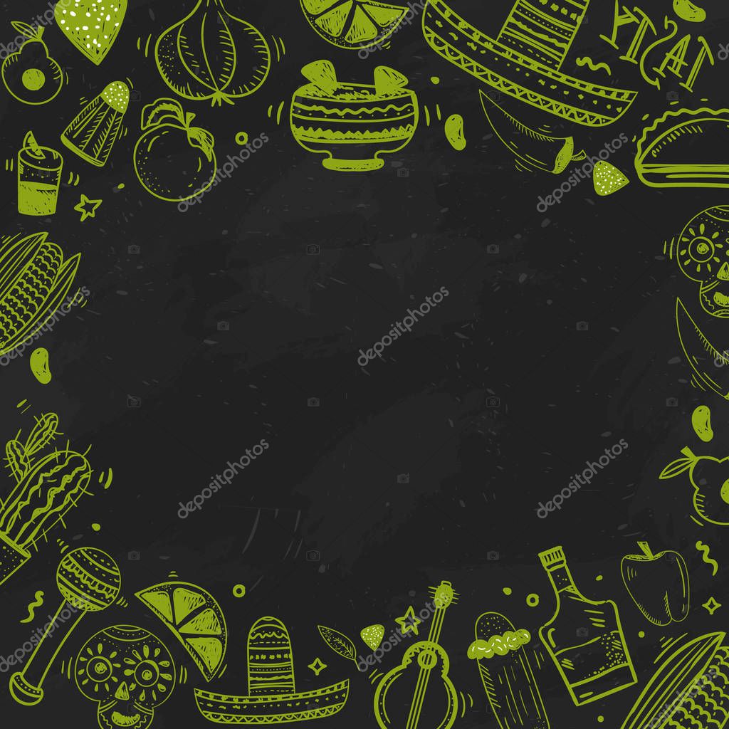 Mexican food banner. Vector vintage illustration for menu, poster on dark background. with place for text.