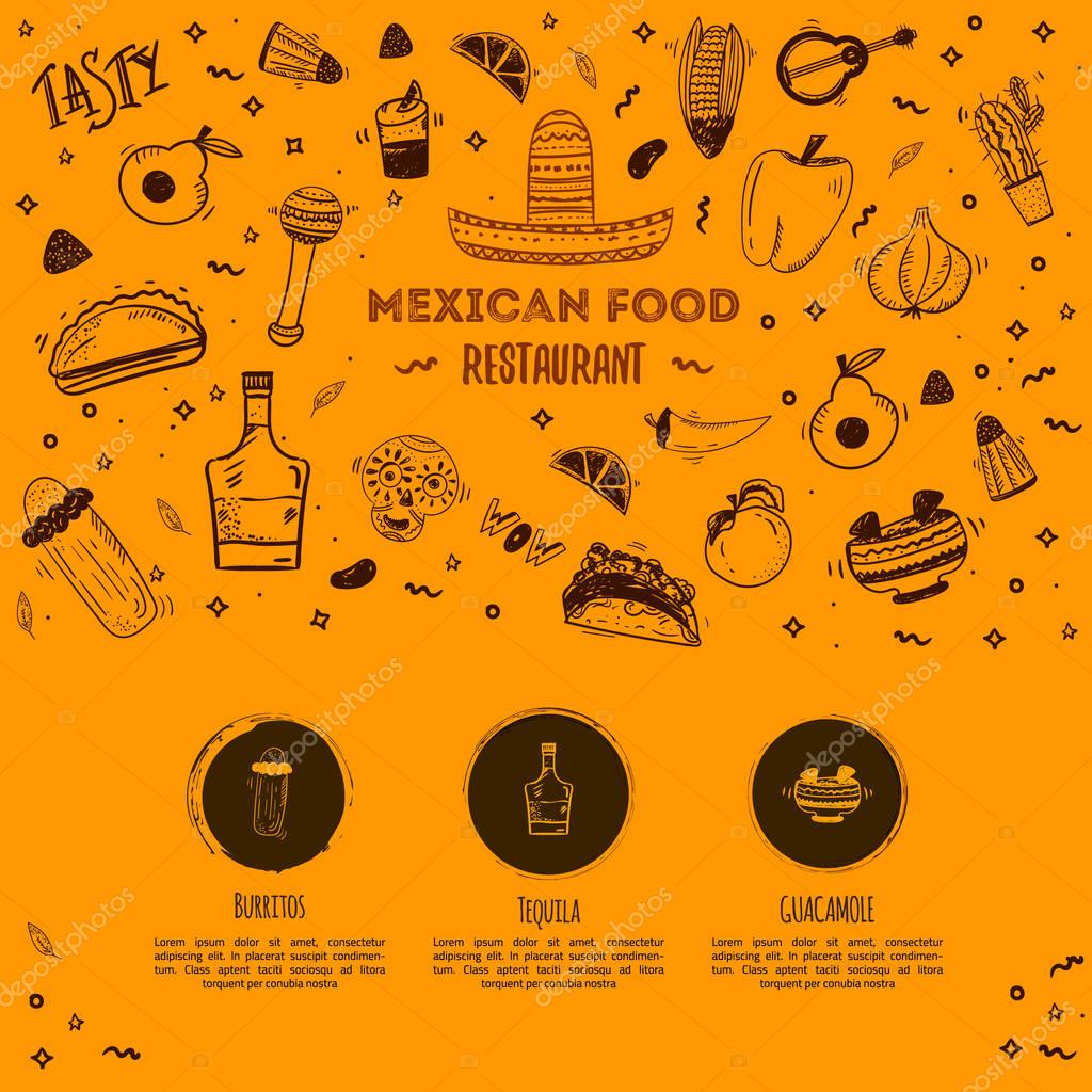 Mexican food sketch menu template. Vector vintageillustration for menu, poster on white background. with place for text.