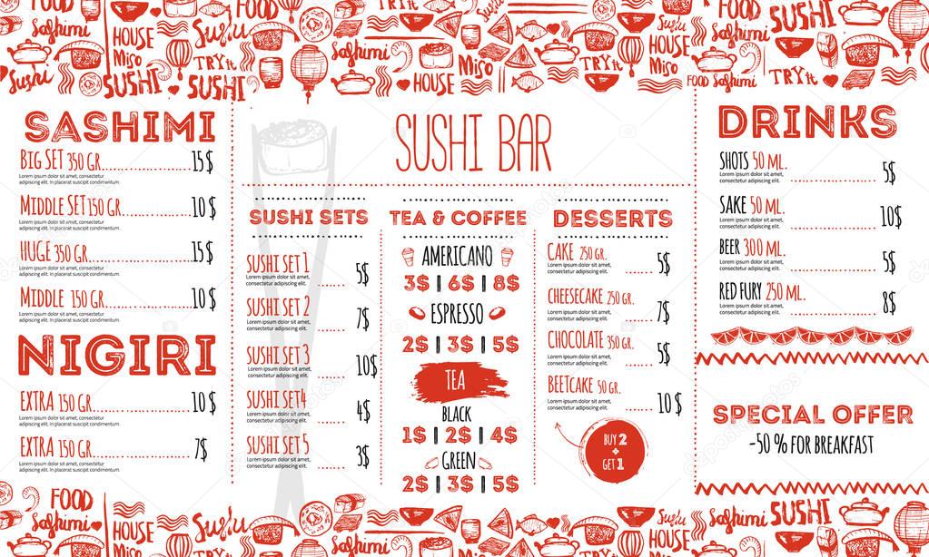 Sushi menu flyer layout template. Japanese food brochure with hand drawn doodle and lettering.