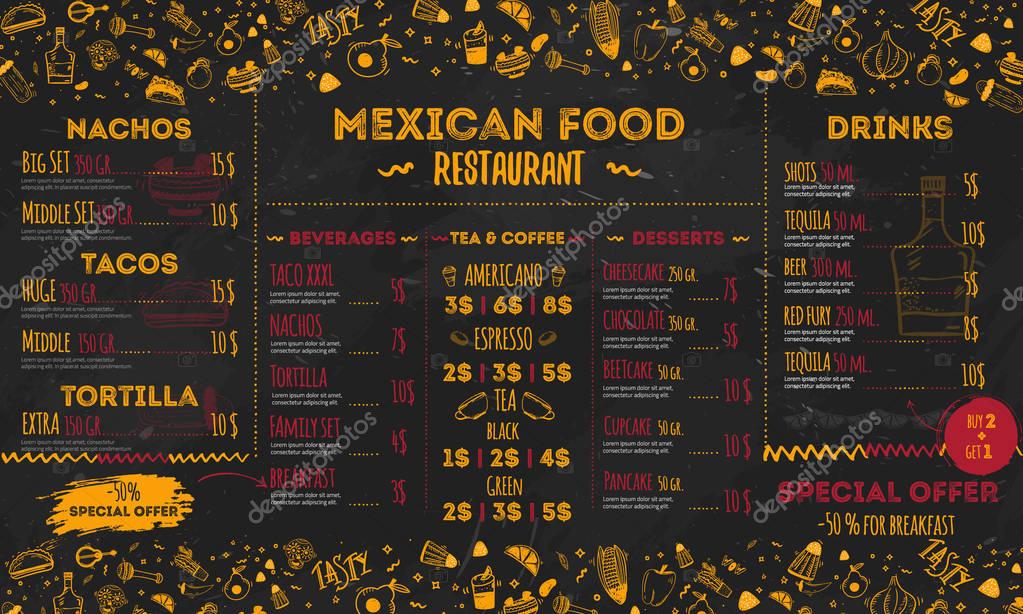 Mexican Food Restaurant menu, template design. Food flyer for promotion, site banner.