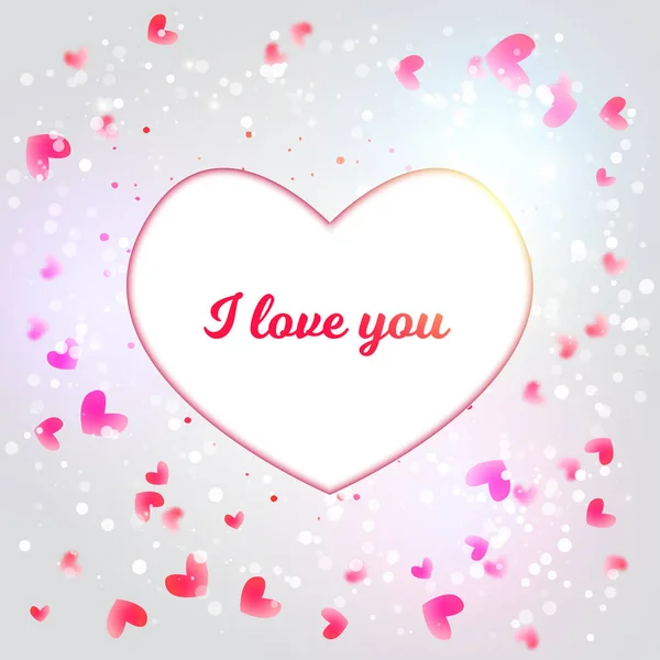 Vector Valentine kort med glänsande partiklar och blured bakgrund och vitt hjärta älskar jag er för promo, banners. — Stock vektor