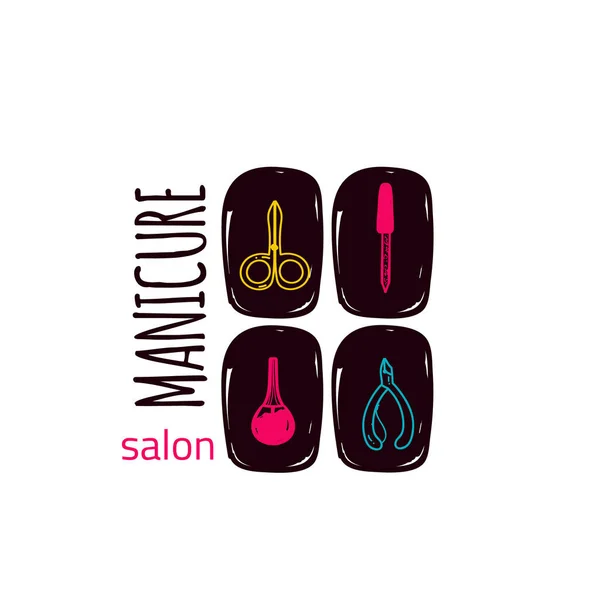 Colorato logo dello studio di manicure in stile lineare su unghie, trucco, per salone di bellezza, design del marchio vettore stilista . — Vettoriale Stock