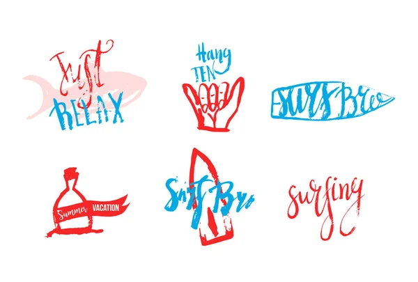 Logotipos del club de surf vectorial en estilo grunge dibujado a mano. Hipster surf símbolos con peces, tabla de surf, shaka — Vector de stock