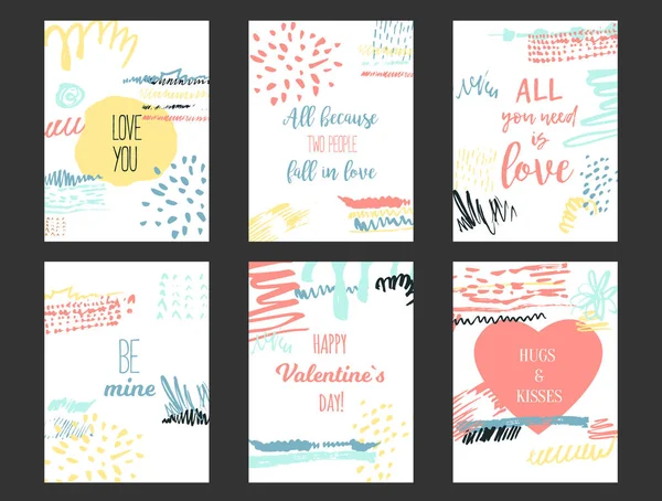 Vector Set van liefde kaarten voor Happy Valentines dag met hart en grunge borstels — Stockvector