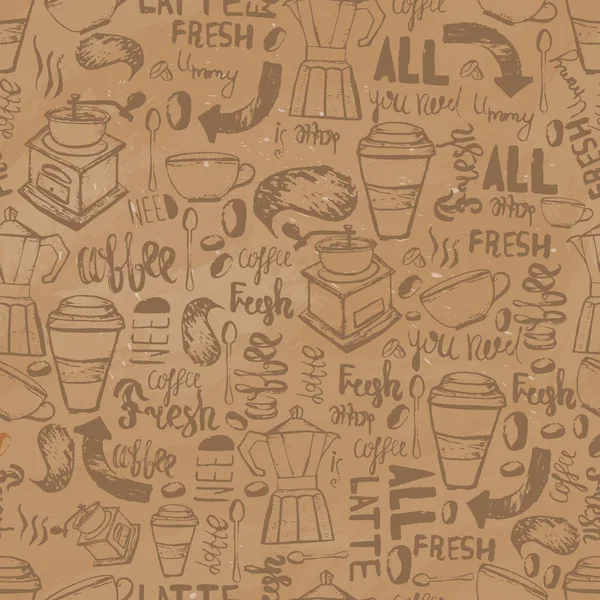 Бесшовные каракули кофе с надписью на старом бумажном фоне, нарисованные вручную векторные иллюстрации — стоковый вектор