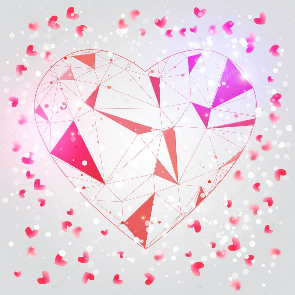 Vector Valentine card with shiny particles and blured background and polygonal heart for promo, banners.