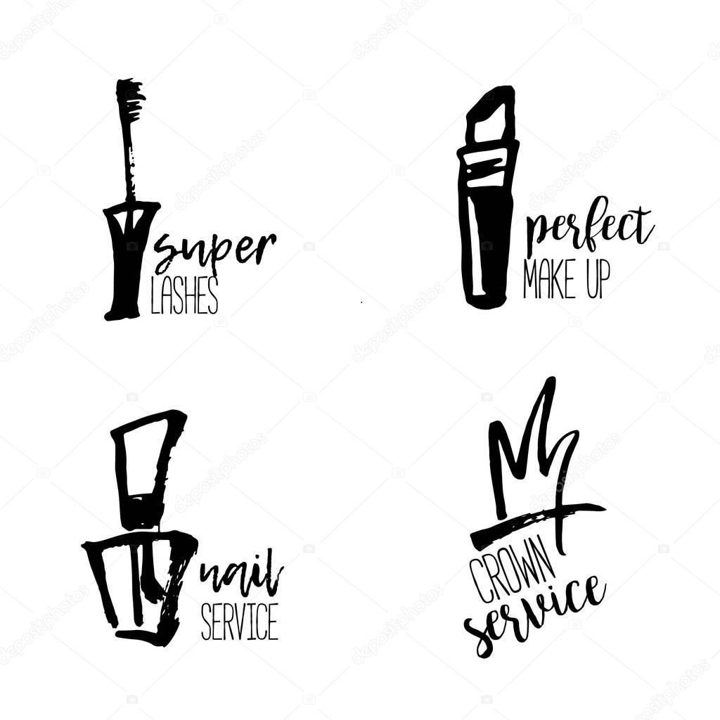 Cosmetic logo in hand drawn style, makeup, for beauty salon, stylist vector branding design with lipstick, nail polish, crown, mascara