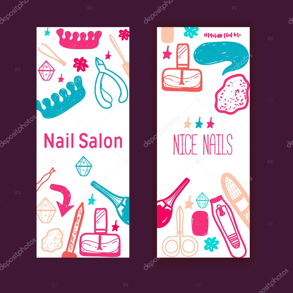 Nail Salon vector banners design templates. Brochures in colorful style. Clean linear style
