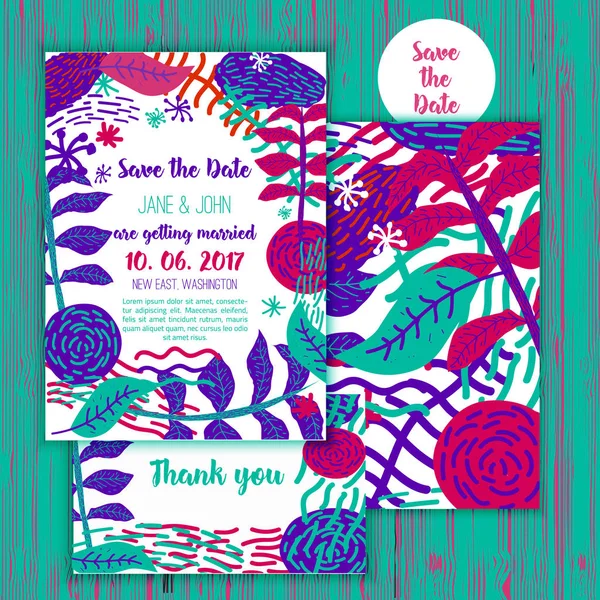 Vintage Guardar la fecha con elementos florales lindo. Invitación de tarjeta para boda, fiesta. Plantilla de vector de color plano de moda con tarjeta de agradecimiento . — Vector de stock