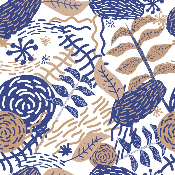 Motif vectoriel artistique sans couture avec lignes, fleurs et feuilles. Design rétro élégant — Image vectorielle