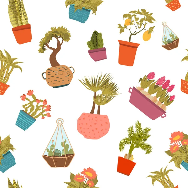 Dibujos animados de las plantas de interior patrón sin costura para el diseño de interiores, envoltura . — Vector de stock