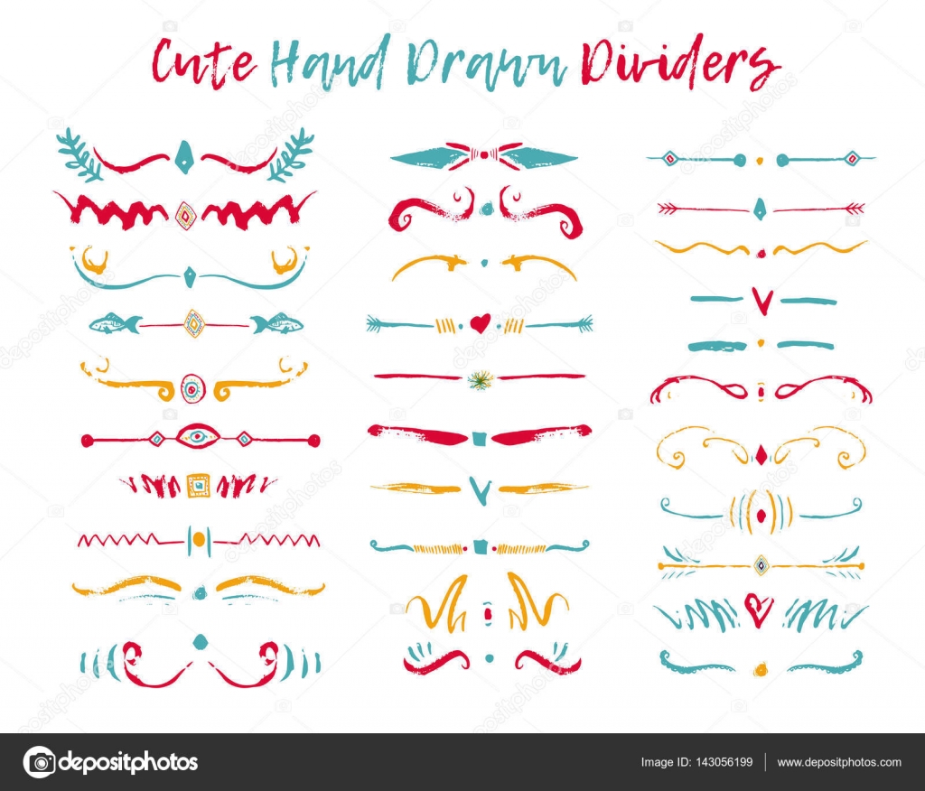 Colorful Set of handdrawn divide borders in ink. Swirls and dividers