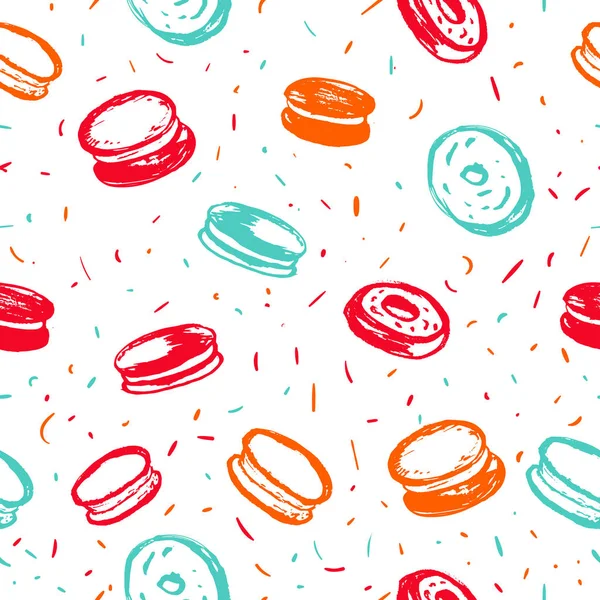 Cupcake, macaroon and muffin bright hand drawn seamless pattern. Hand drawn items collection. Vector illustration for design menus, recipes and packages product. — Stock Vector