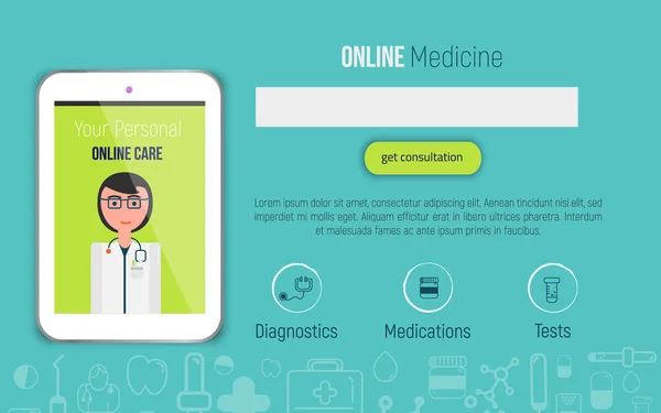 O conceito de medicina online ajuda cabeçalho do site. Ilustração vetorial em estilo plano com médico e tablet —  Vetores de Stock