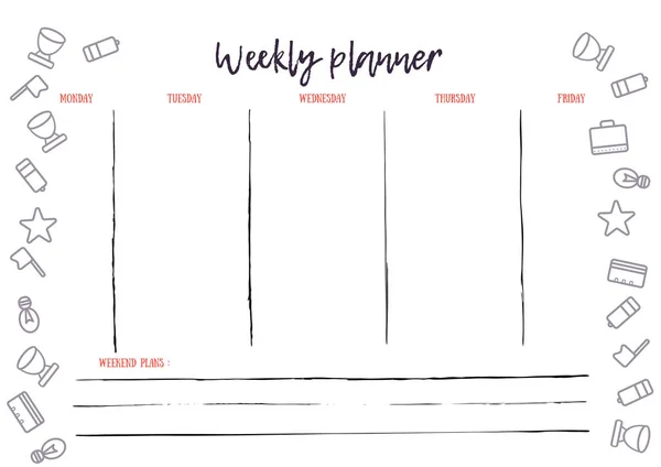 Calendario settimanale per uso aziendale e privato. A4 stampa il documento pronto con icone. Piano settimanale — Vettoriale Stock