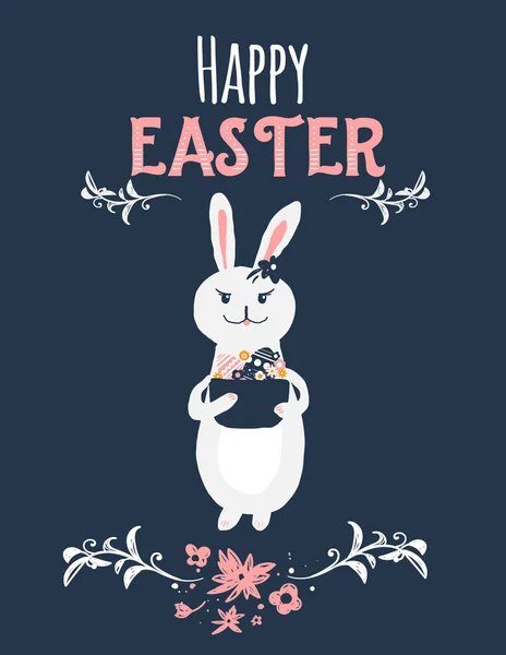 Cartoon vintage easter bunny isolated on dark background with florals. Cute illustration of rabbit with Happy Easter greeting. — Stock Vector