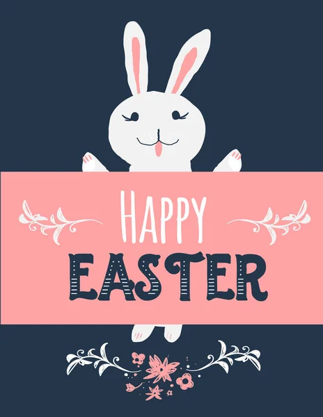 Cartoon vintage easter bunny on dark background with banner. illustration of cute rabbit with Happy Easter greeting. — Stock Vector