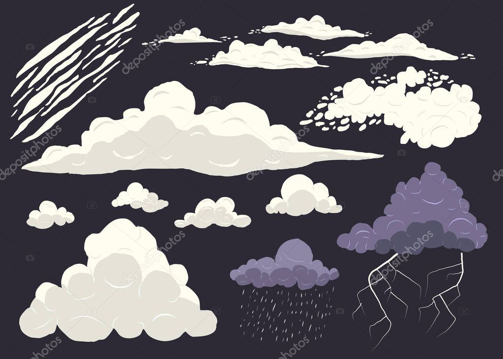 Cloud vector set isolated on dark background, cartoon storm cloudscape with different types