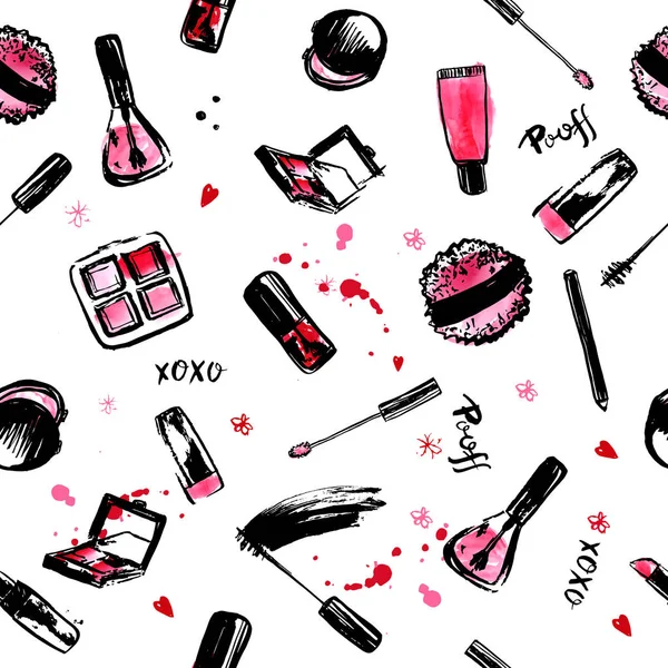 Buatlah tangan atas menggambar pola mulus. Gaya fashion kosmetik dengan cat kuku, lipstik, maskara, kuas, lip gloss. Merah muda dan hitam - Stok Vektor