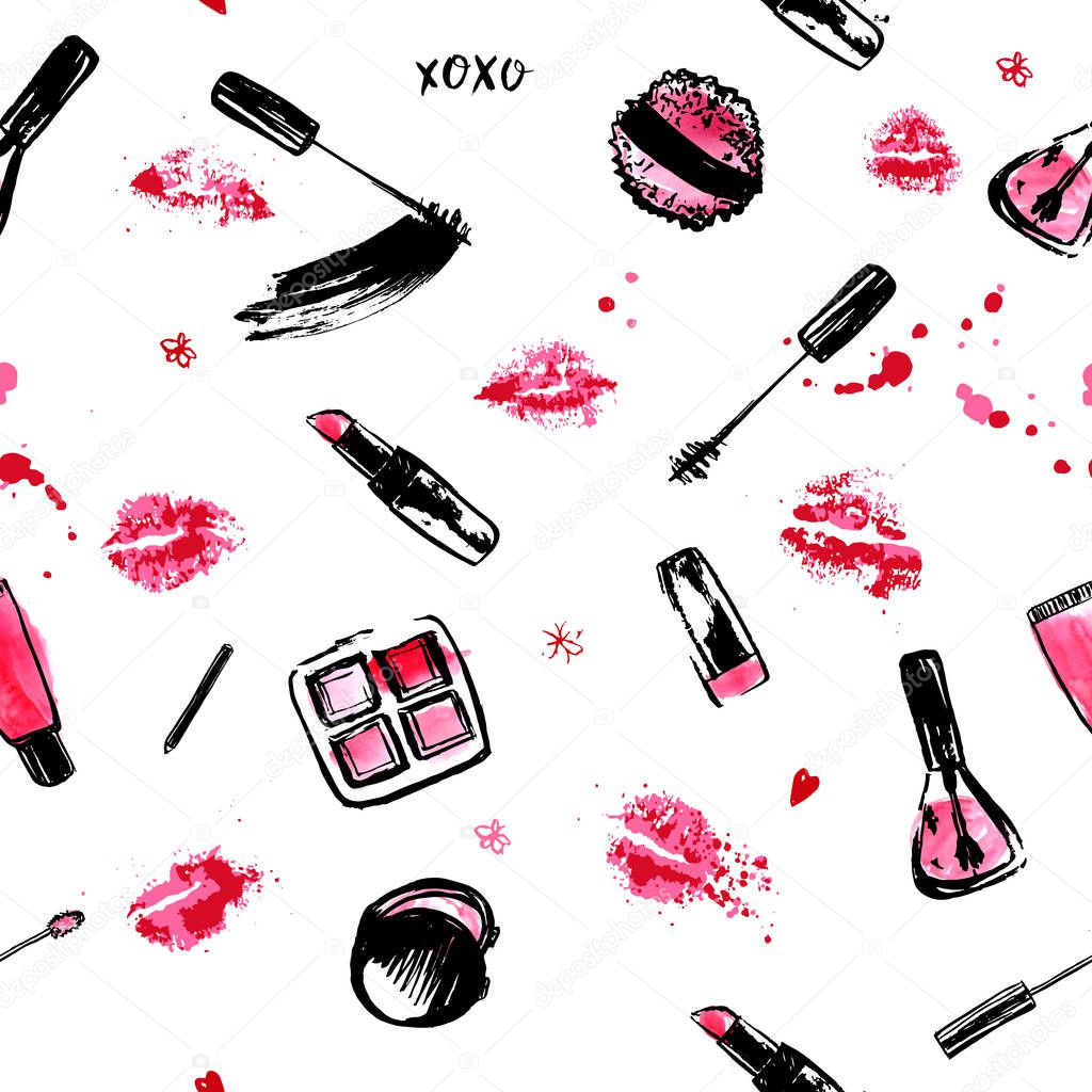 Trendy Make Up Hand drawn seamless pattern. fashion style cosmetics with nail polish, lipstick, mascara, brush, lip gloss, lips. Pink and black