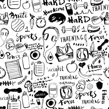 Vektör doodle seamless modeli fitness ve spor elemanları ile el yazı stiliyle çizilmiş. Vektör desen koleksiyonu.