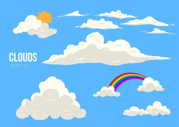 Wolken auf blauem Himmel Vektor gesetzt isoliert. Cartoon-Wolkenlandschaft mit verschiedenen Typen, Sonne und Regenbogen — Stockvektor