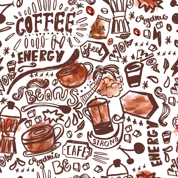 Patrón de café garabato de tinta sin costura sobre fondo blanco con manchas de acuarela, ilustración vectorial dibujado a mano — Vector de stock