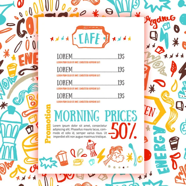 明るいスケッチ スタイル、手描きのベクトル図で背景にコーヒー パターンのビストロ メニュー — ストックベクタ