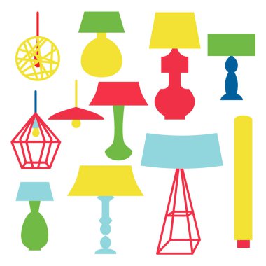 Modern ve klasik lambalar kümesi. Beyaz arka plan üzerinde izole düz mobilya Dekorasyon