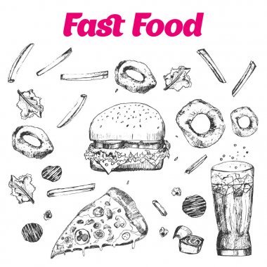 Fast food ile ayarla doodle doğrusal grafik. Cafe menü, Banner için aperatif koleksiyonu. Abur cubur vektör illüstrasyon izole beyaz arka plan üzerinde