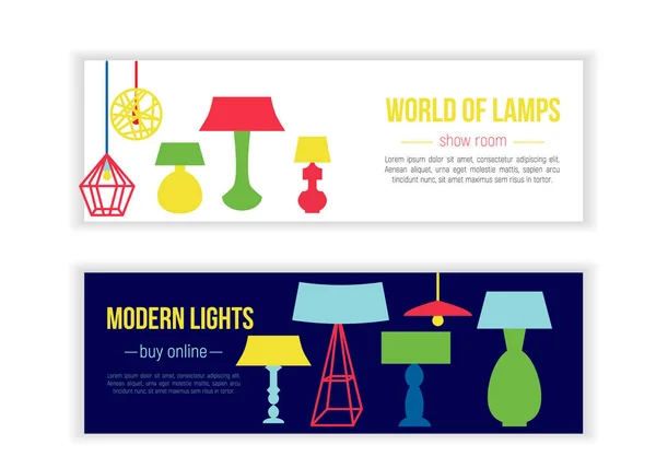 Set van lamp banners voor shop. Platte meubels decoratie geïsoleerd op witte achtergrond — Stockvector