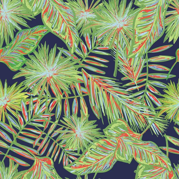 Grunge Tropical palmera hojas patrón sin costuras, estilo libre selva fondo floral para camisetas, ropa — Vector de stock