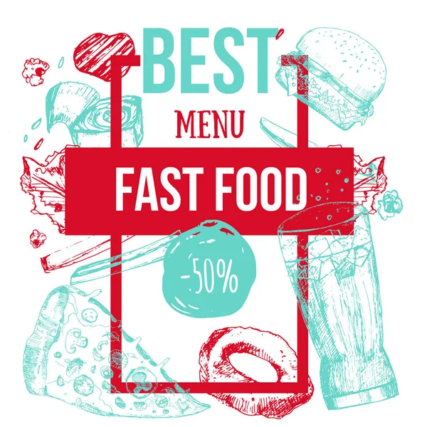 Moderno colorido comida rápida banner de menú dibujado a mano. Diseño de plantilla para restaurante, cafetería con rebanada de pizza, hamburguesa, hot dog, bebidas y otros artículos . — Vector de stock