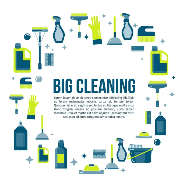 Banner de artículos de limpieza vectorial de estilo plano con botella de aerosol, cubo, fregona y artículos para el hogar. Sanitaria y desinfección — Vector de stock