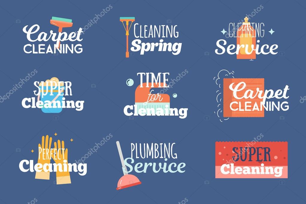 Modern cleaning and plumbing services labels, logos, badges set with wash, sponge household concept vector illustration.