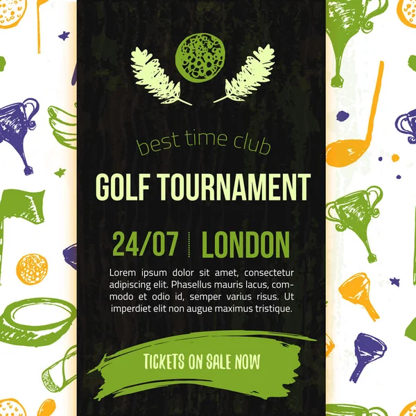 Golf flyer vectorillustratie. Uitnodiging voor toernooi ontwerp met hand getrokken grunge elementen. Gemakkelijk te bewerken voor uw promotie — Stockvector