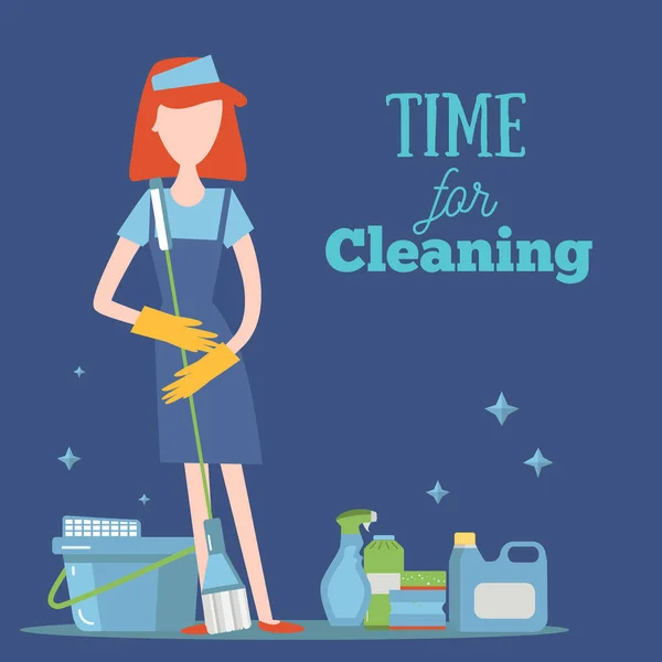 Joven con la ilustración del concepto de suministros de limpieza. Limpiador de tareas domésticas con artículos de lavado profesionales para su diseño — Vector de stock