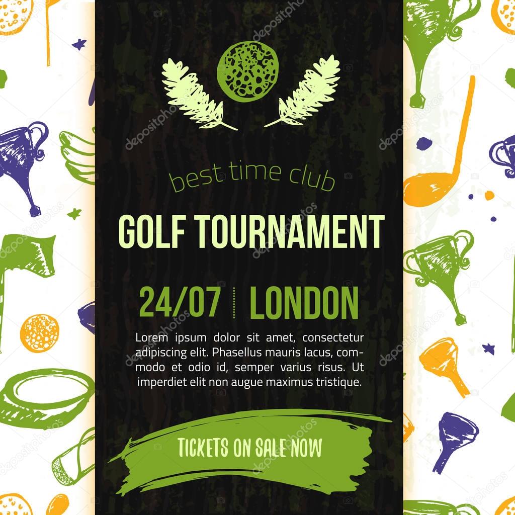 Golf flyer vector illustration. Tournament design invitation with hand drawn grunge elements. Easy to edit for your promotion