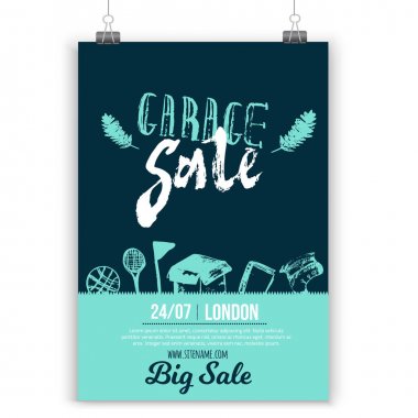 Garaj satışı poster düzeniyle elle çizilmiş öğeleri ve trendy tarzı yazı. Grunge eski bit arka plan