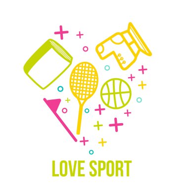 Aşk spor sembolü hat sanat spor simgeleri ve renkli stil sağlıklı yaşam öğelerle birlikte kalp şekli çerçevesinde