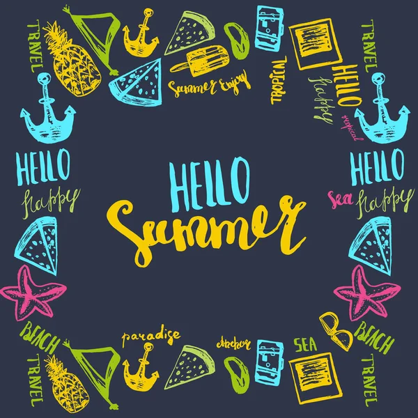 Hello summer frame with lettering and funny vacation doodles about traveling. Holiday vector illustration concept — Stock Vector