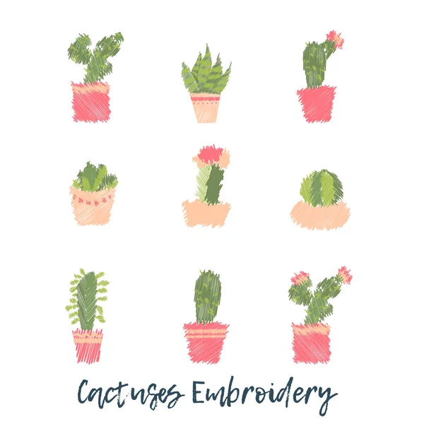 Conjunto de iconos de cactus bordado. Lindo bordado de moda suculenta para el diseño de la tela o la ropa en estilo escandinavo — Vector de stock