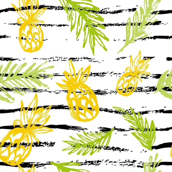 Vzor bezešvé s ananasy a tropické listy ručně kreslenou v grunge stylu. — Stockový vektor